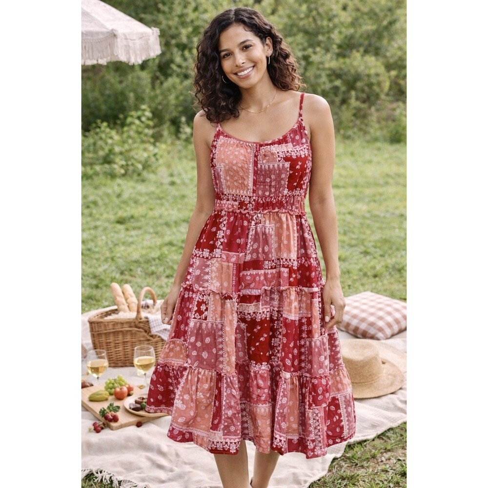 Women Boho Patchwork Bandana Paisley Tiered Sundress Picniccore Prairie Sz Lg - Picture 2 of 9